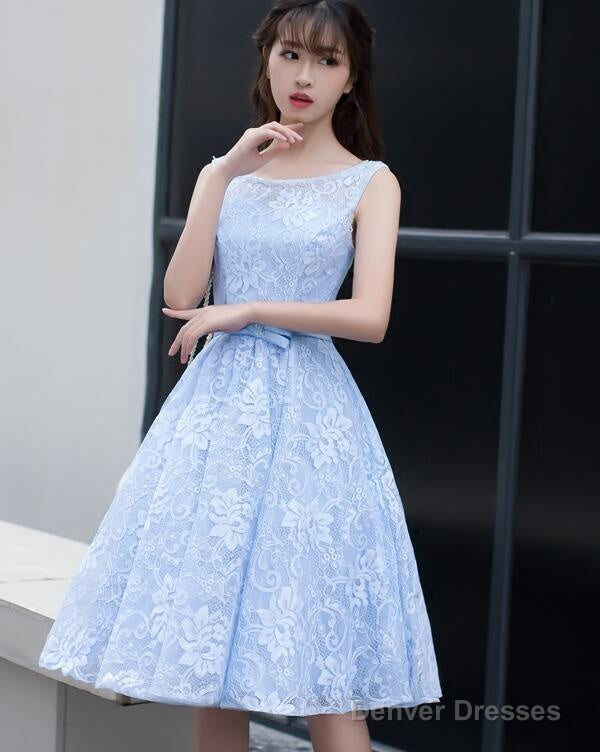 Light Blue Lace Knee Length Round Neckline Party Dress, Charming Blue Prom Dress Secondary image