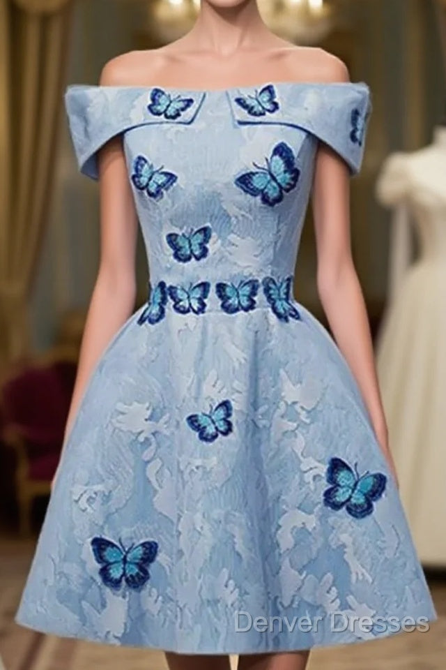 Light Blue Lace With Butterflies Short Homecoming Dress, Blue Prom Dress Main image