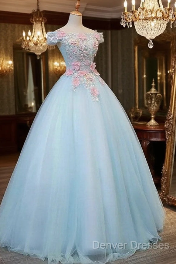 Light Blue Long Floral Tulle Sweet 16 Dress, Quinceanera Dress Main image
