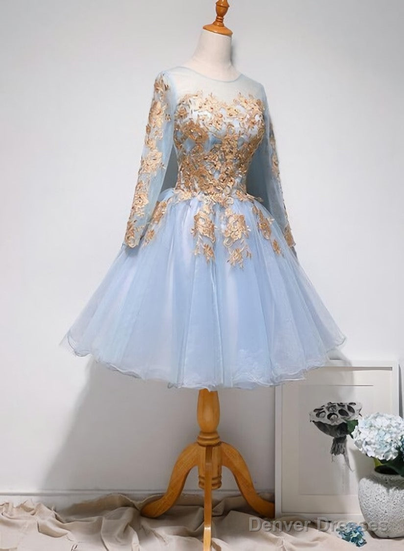 Light Blue Long Sleeves with Gold Lace Cute Homecoming Dress, Blue Short Prom Dress Main image