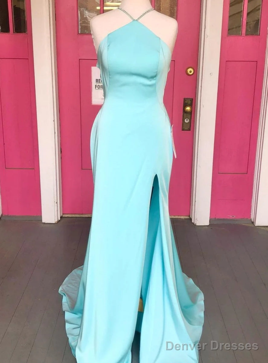 Light Blue Mermaid Halter Prom Dress