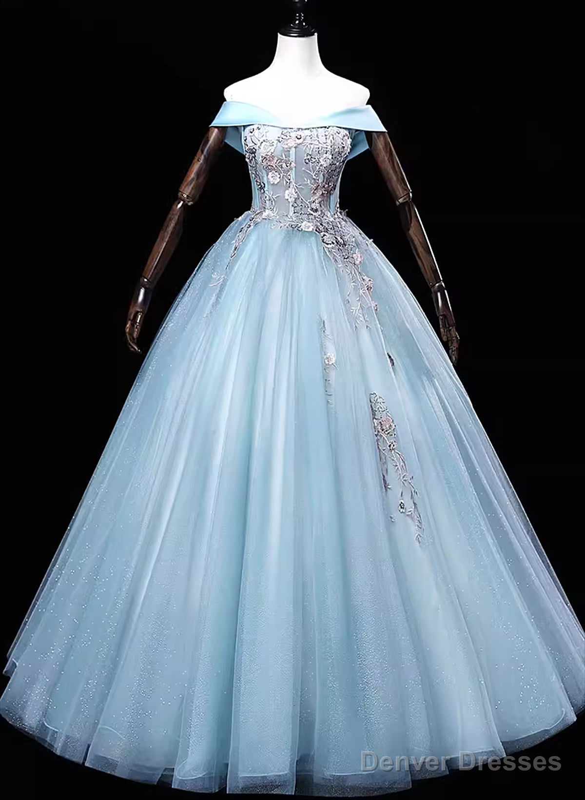 Light Blue Off Shoulder Flowers Tulle Long Party Dress, Light Blue Sweet 16 Dress Secondary image
