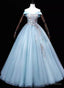 Light Blue Off Shoulder Flowers Tulle Long Party Dress, Light Blue Sweet 16 Dress