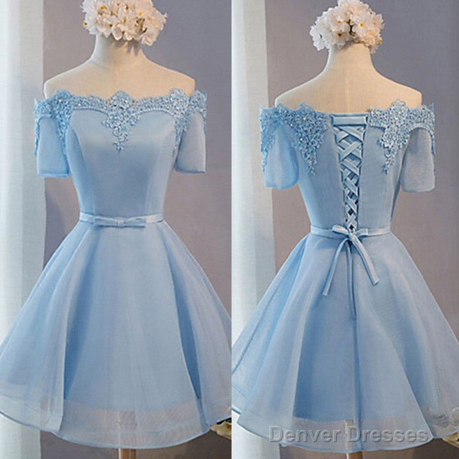 Light Blue Off Shoulder Half Sleeve Lace Appliques Lace Up Back Lovely Homecoming Dresses Main image