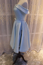 Light Blue Off Shoulder Satin Bridesmaid Dress, Blue Short Formal Dress