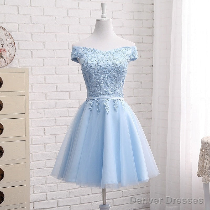Light Blue Off Shoulder Tulle Party Dress, Blue Homecoming Dresses Main image