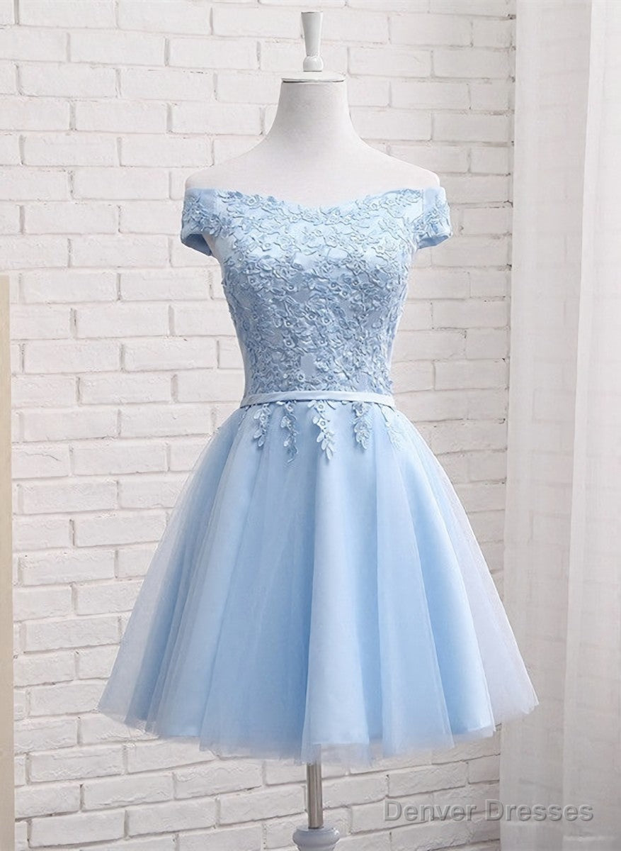 Light Blue Off Shoulder Tulle Party Dress, Blue Homecoming Dresses Secondary image