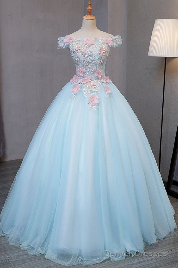 Light Blue Off Shoulder Tulle Princess Sweet 16 Dresses, Gorgeous Blue Gown Secondary image