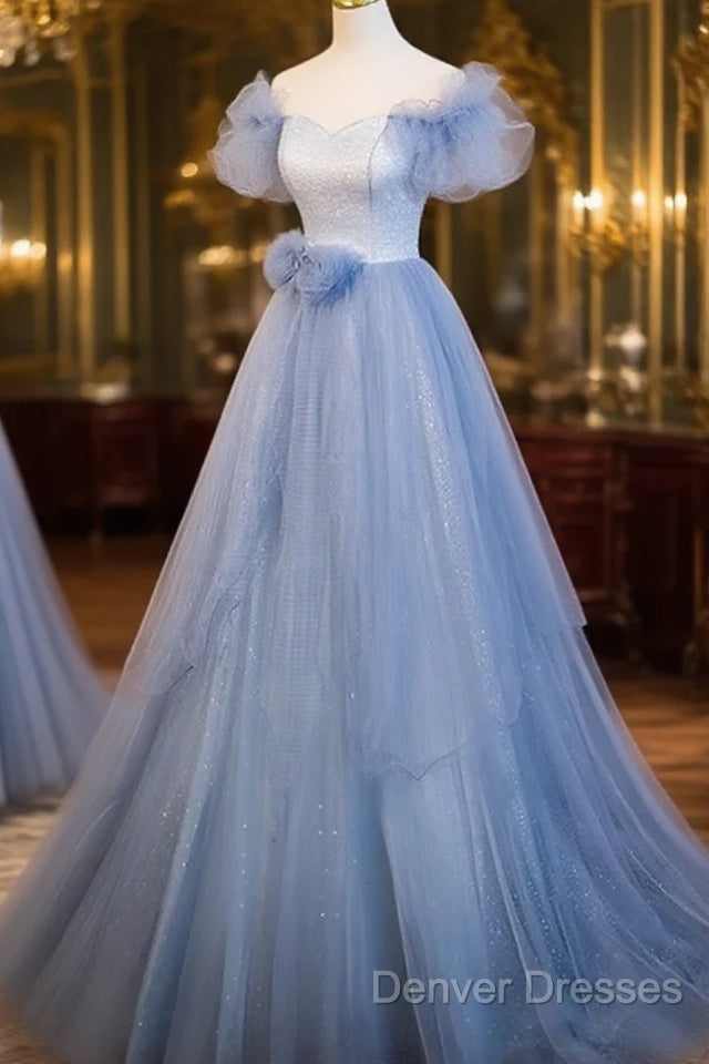 Light Blue Off Shoulder Tulle Sweetheart Formal Dress, Light Blue A-Line Prom Dress Main image