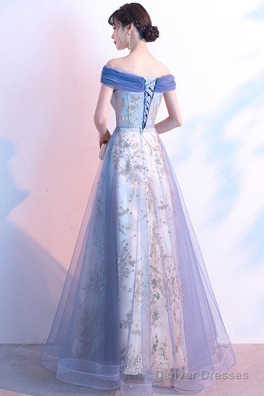 Light Blue Off Shoulder Tulle With Lace Long Evening Dress Prom Dress, Blue Formal Dresses Secondary image