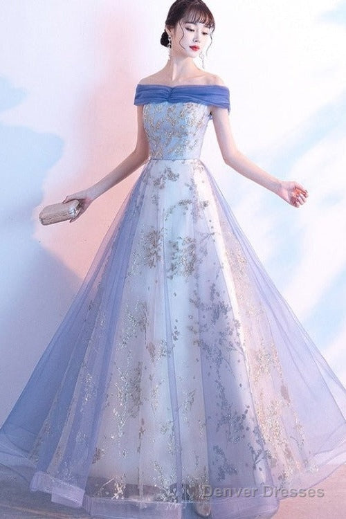 Light Blue Off Shoulder Tulle With Lace Long Evening Dress Prom Dress, Blue Formal Dresses Main image