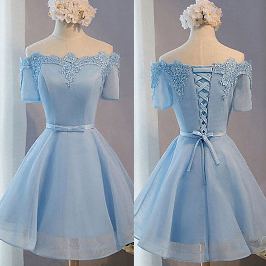 Light Blue off shoulder with short sleeve lace lovely homecoming prom dresses Main image