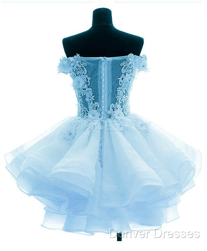 Light Blue Organza With Flower And Lace Short Party Dress, Blue Homecoming Dress Secondary image