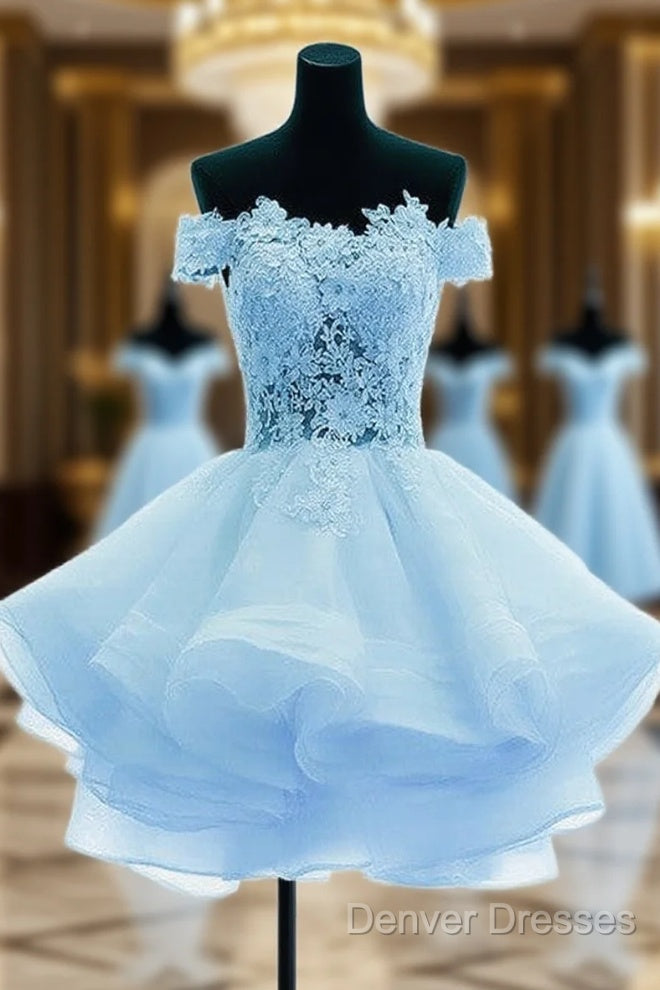 Light Blue Organza With Flower And Lace Short Party Dress, Blue Homecoming Dress Main image