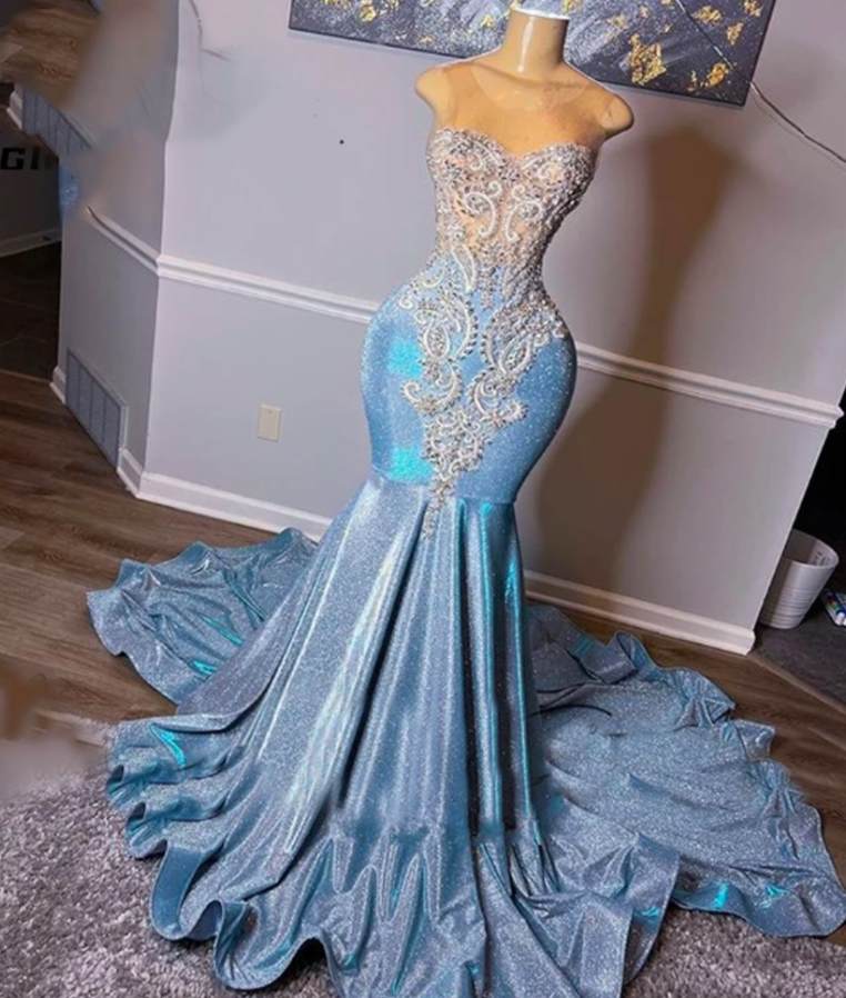 Light Blue Prom Dress, Crystal Evening Dress, Sequins Evening Gowns, Mermaid Prom Dress Main image