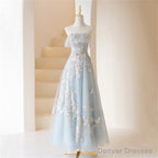 Light Blue Prom Dresses Fairy,Long Blue Tulle Floral Appliques Formal Dresses