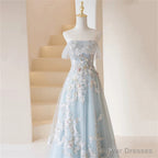 Light Blue Prom Dresses Fairy,Long Blue Tulle Floral Appliques Formal Dresses
