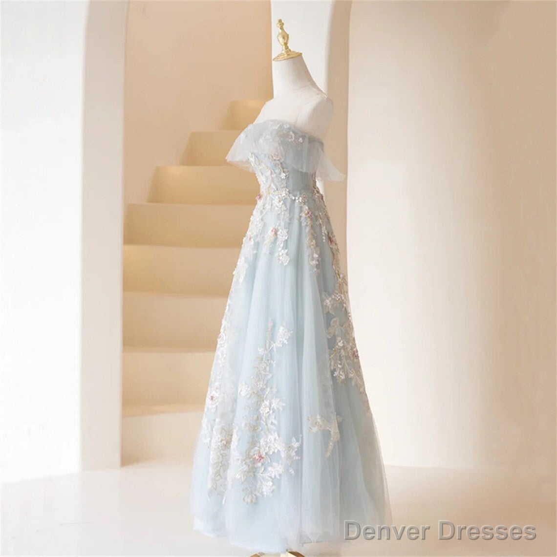 Light Blue Prom Dresses Fairy,Long Blue Tulle Floral Appliques Formal Dresses Main image