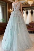Light Blue Prom Dress One Shoulder Sequin Lace