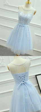 Light Blue Round Neckline Short Pretty Homecoming Dress, Light Blue Wedding Party Dress