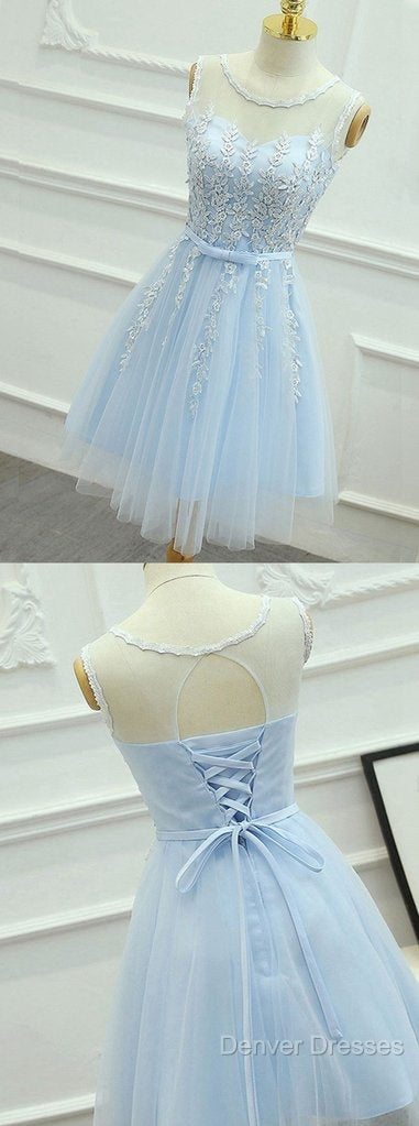 Light Blue Round Neckline Short Pretty Homecoming Dress, Light Blue Wedding Party Dress
