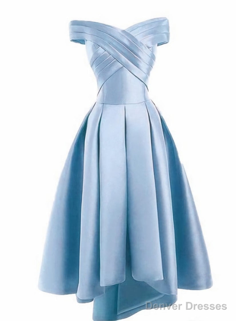 Light Blue Satin Off Shoulder High Low Party Dress Homecoming Dresses, Short Prom Dress Secondary image