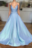Light Blue Satin V-Neck Cross Back Prom Dress