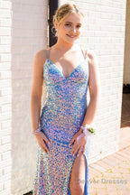 Light Blue Sequins Spaghetti Straps Mermaid Prom Dress with Slit