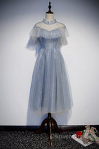 Light Blue Shiny Tulle High Neckline Homecoming Dress Party Dress, Blue Short Prom Dress