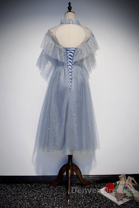 Light Blue Shiny Tulle High Neckline Homecoming Dress Party Dress, Blue Short Prom Dress