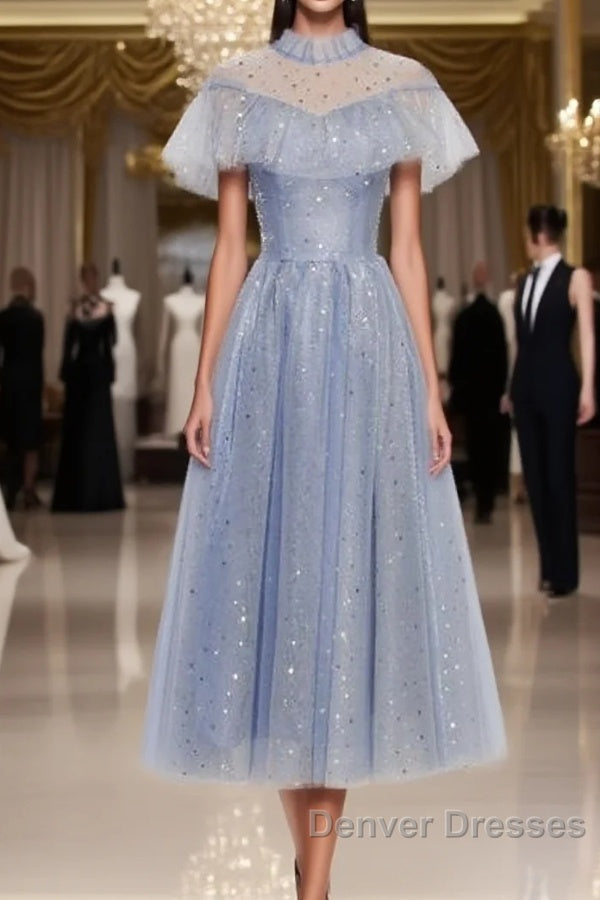 Light Blue Shiny Tulle High Neckline Homecoming Dress Party Dress, Blue Short Prom Dress Main image