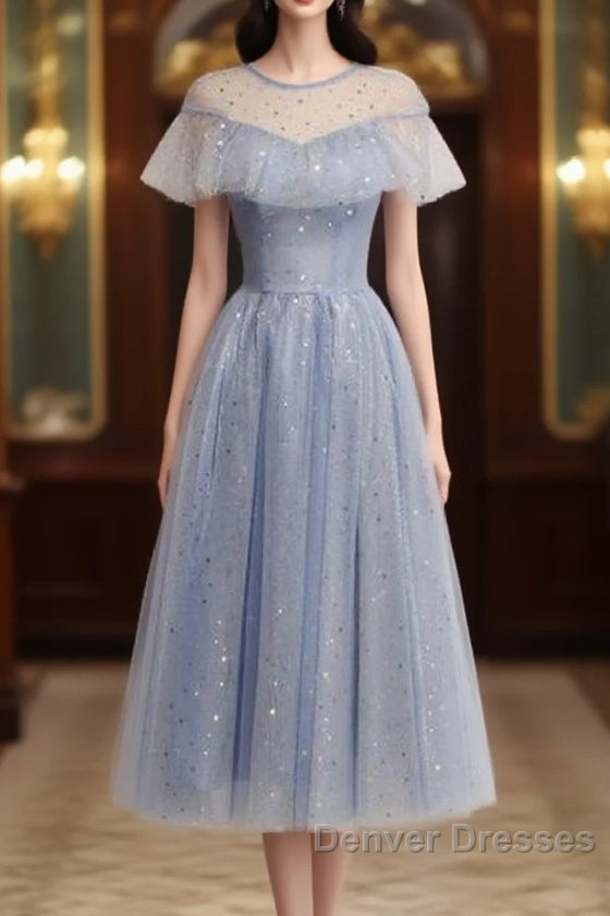Light Blue Shiny Tulle High Neckline Homecoming Dress Party Dress Main image