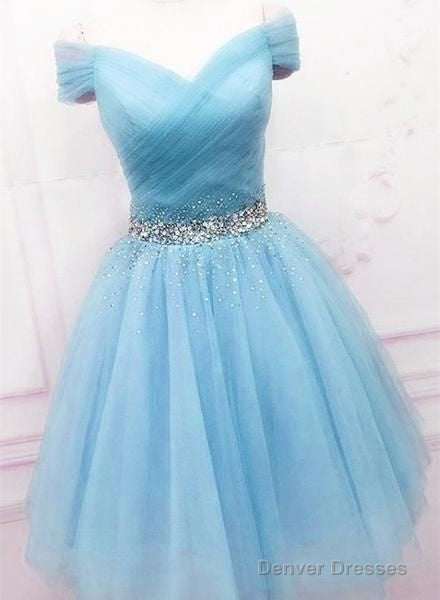 Light Blue Short Tulle Off The Shoulder Blue Formal Homecoming Dresses Main image