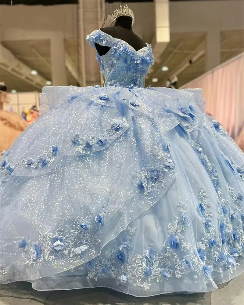 Light Blue Sparkly Off The Shoulder Appliques Prom Dress Quinceanera Dress Sweet 16 Prom Dress Ball Gown Secondary image