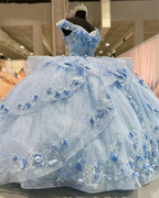 Light Blue Sparkly Off The Shoulder Appliques Prom Dress Quinceanera Dress Sweet 16 Prom Dress Ball Gown