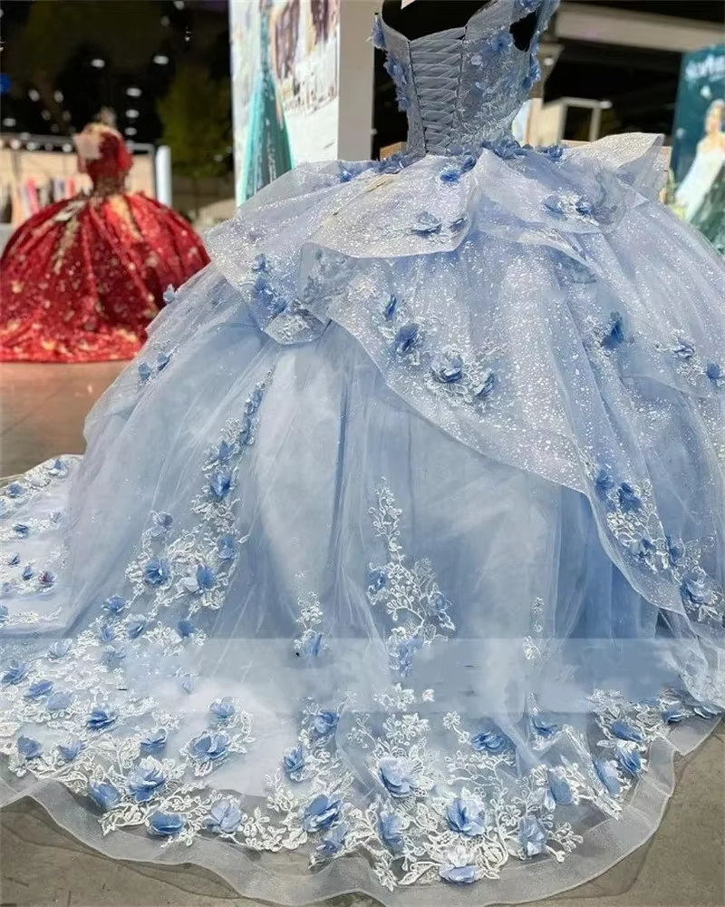 Light Blue Sparkly Off The Shoulder Appliques Prom Dress Quinceanera Dress Sweet 16 Prom Dress Ball Gown