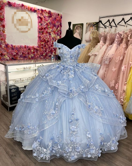 Light Blue Sparkly Off The Shoulder Appliques Prom Dress Quinceanera Dress Sweet 16 Prom Dress Ball Gown