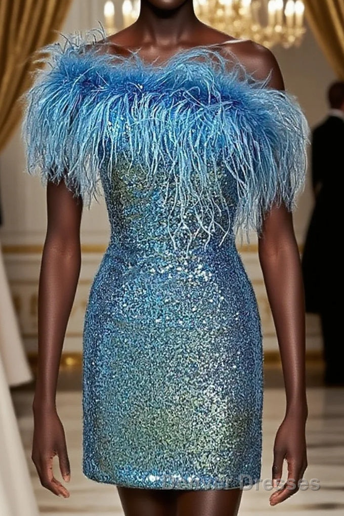 Light Blue Sparkly Tight Sequins Homecoming Dress with Feathers Main image