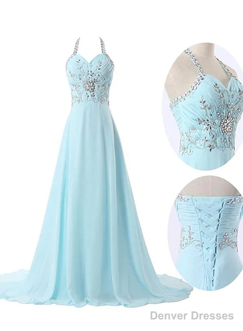 Light Blue Straps Chiffon Beaded Long Formal Dress, Charming Party Gowns Main image