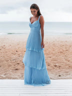 Light Blue Straps Chiffon Sweetheart Low Back Pary Dress, Light Blue Long Prom Dress