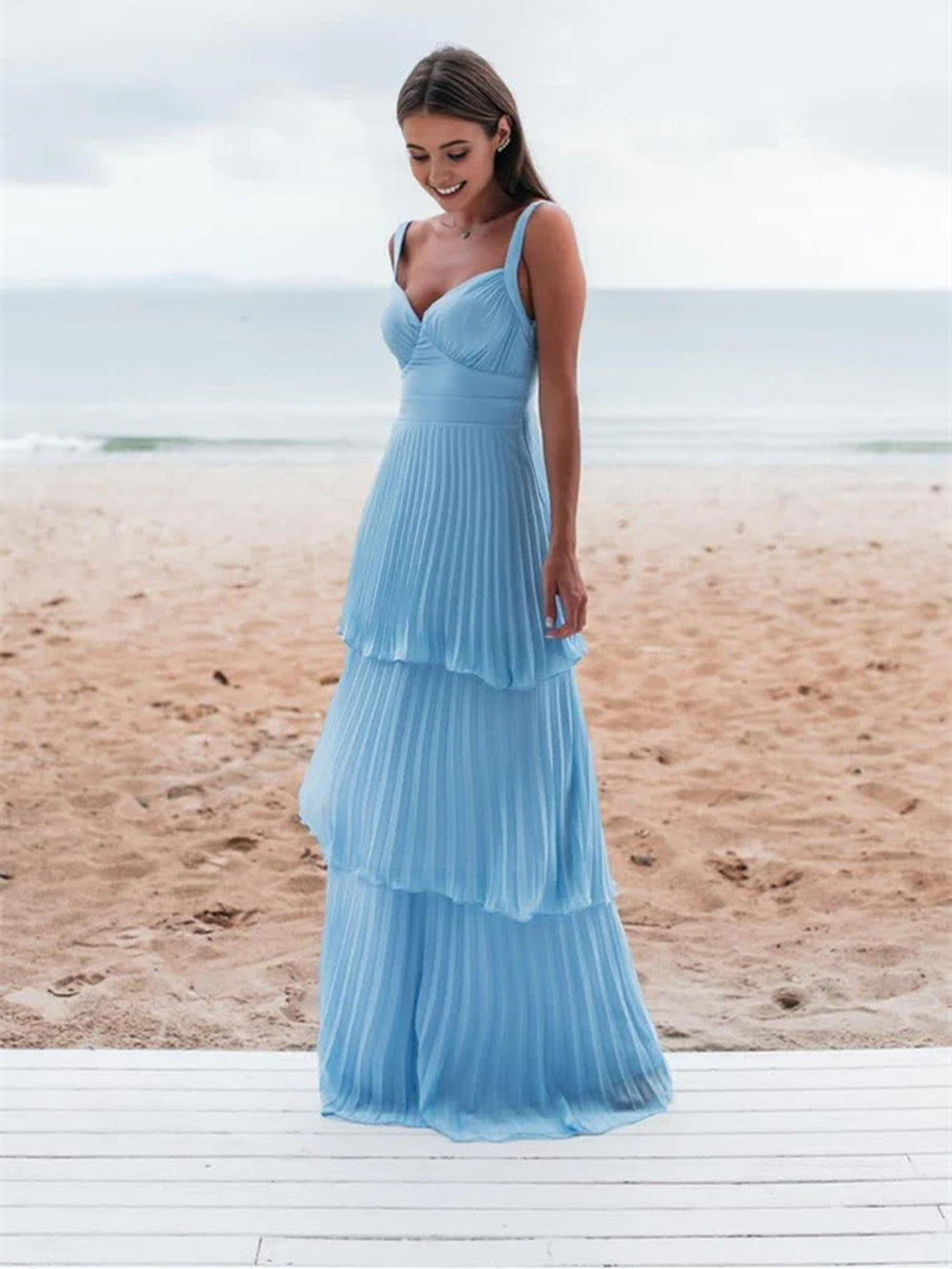Light Blue Straps Chiffon Sweetheart Low Back Pary Dress, Light Blue Long Prom Dress