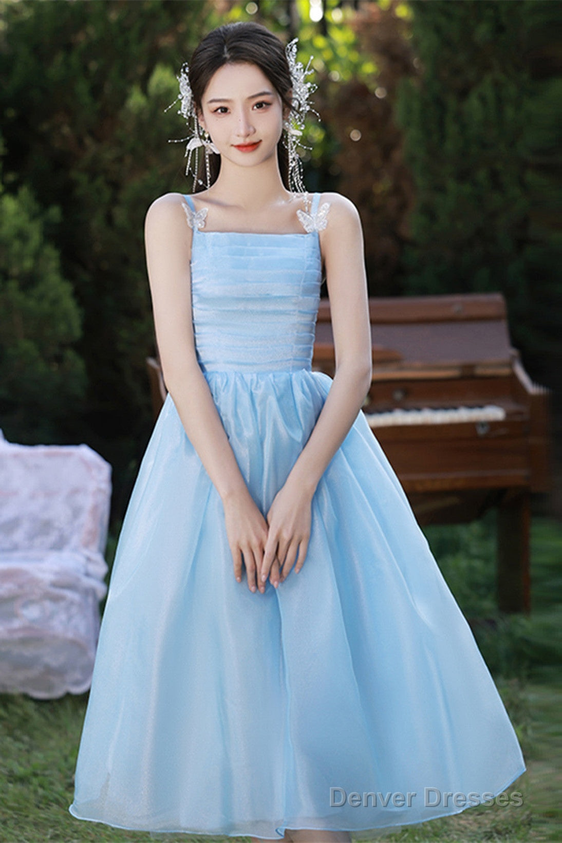 Light Blue Straps Organza Short Party Dress, Light Blue Homecoming Dress