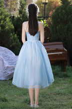 Light Blue Straps Organza Short Party Dress, Light Blue Homecoming Dress
