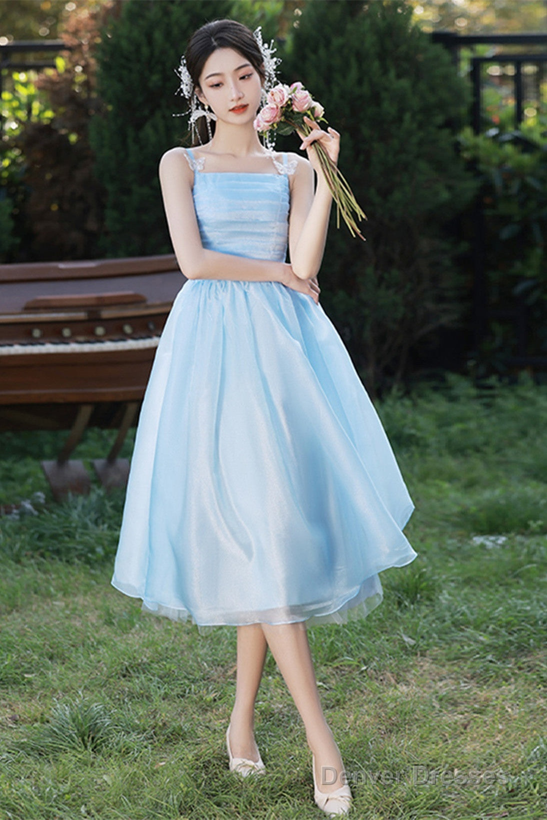 Light Blue Straps Organza Short Party Dress, Light Blue Homecoming Dress