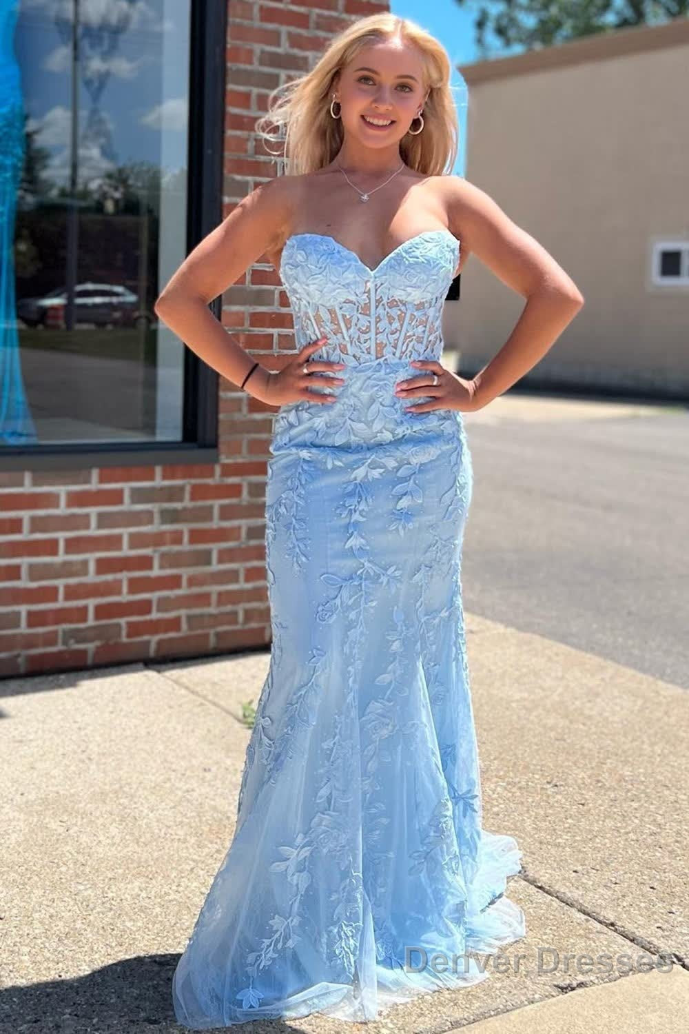 Light Blue Sweetheart Lace-Up Long Mermaid Prom Dress with Appliques Main image