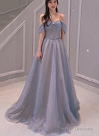 Light Blue Sweetheart Off Shoulder A-Line Long Prom Dress, Blue Beaded Evening Dress