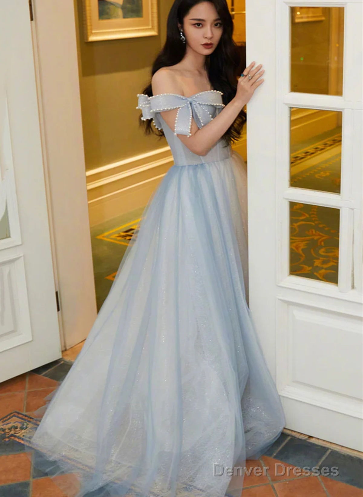 Light Blue Sweetheart Pearls Off Shoulder Long Party Dress, A-Line Blue Formal Dress Main image