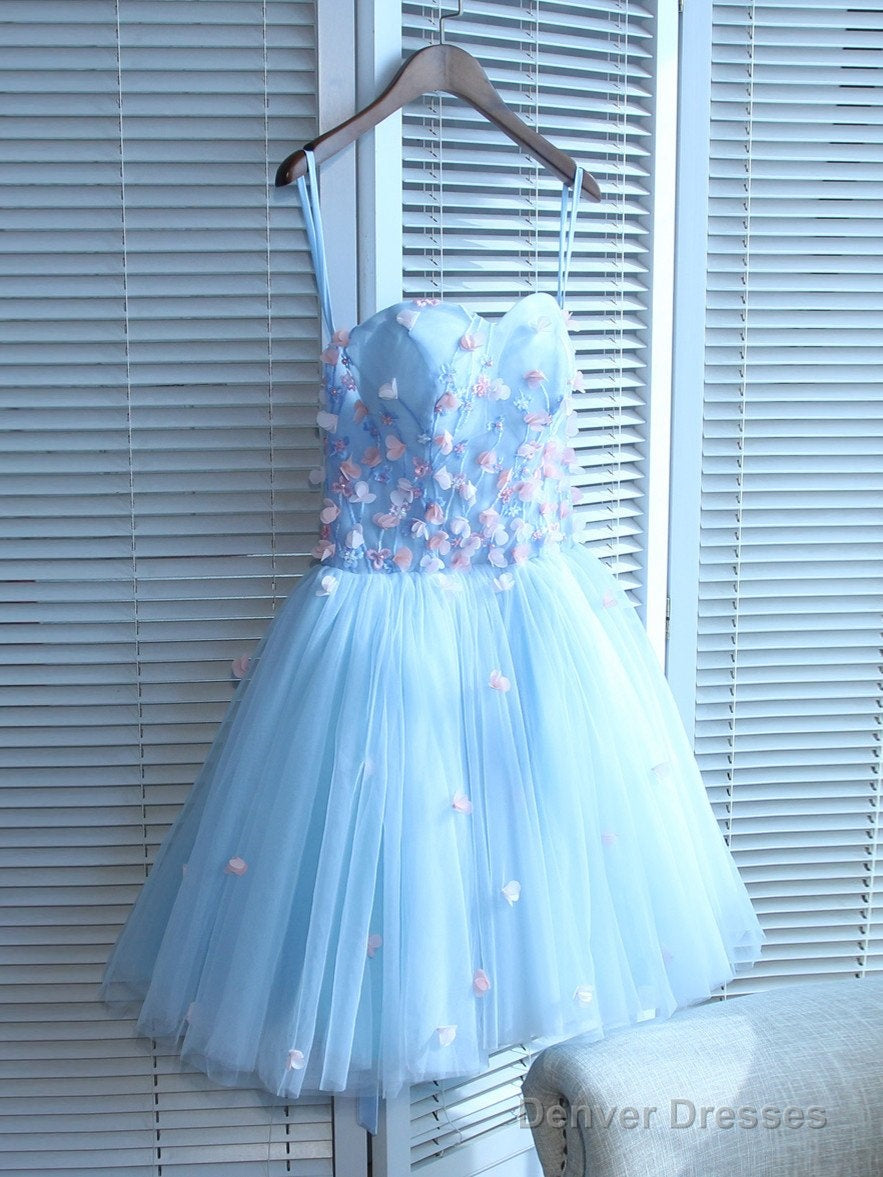 Light Blue Sweetheart Short Handmade Party Dress, Blue Flowers Homecoming Dress Main image