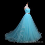 Light Blue Sweetheart Tulle Long Formal Dress With Belt, Charming Tulle Sweet 16 Dress