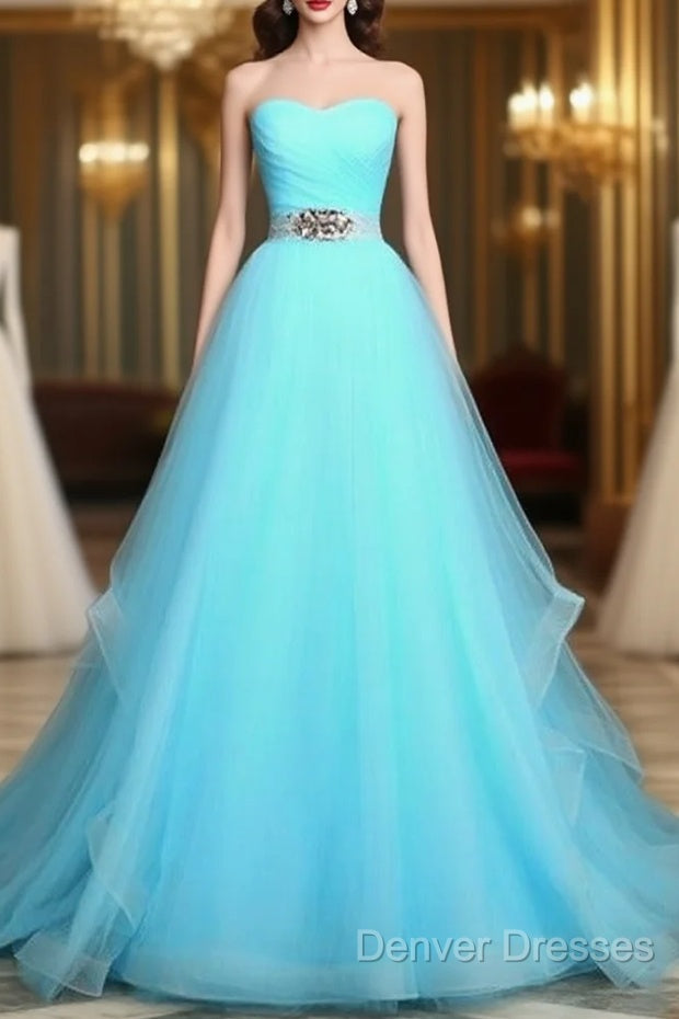 Light Blue Sweetheart Tulle Long Formal Dress With Belt, Charming Tulle Sweet 16 Dress Main image